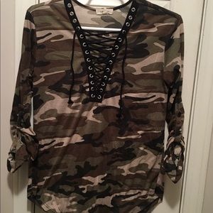 Lace up front Camo shirt with tab sleeves